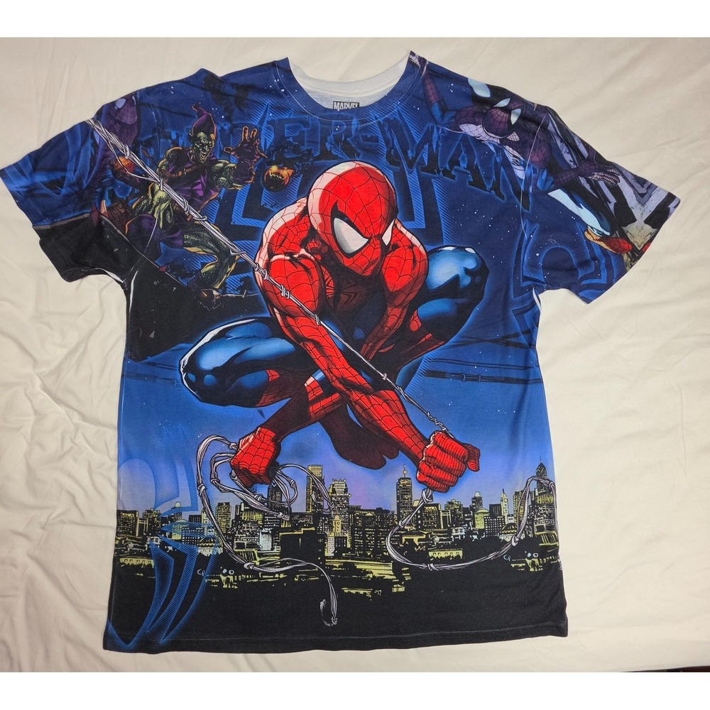 Marvel Spider-Man Shirt XL 2014 All Over Print Green Goblin Comic Graphic Tee